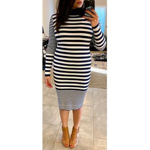 Michael Kors L/S Striped Mock Neck Ribbed Dress